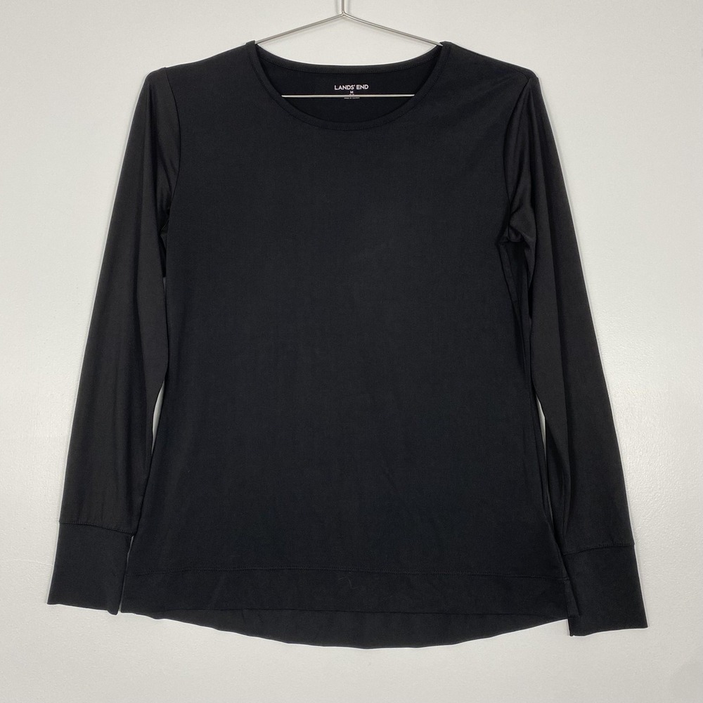 Lands End Shirt Womens M 10-12 Black Long Sleeve Crew Neck Stretch Tagless Basic